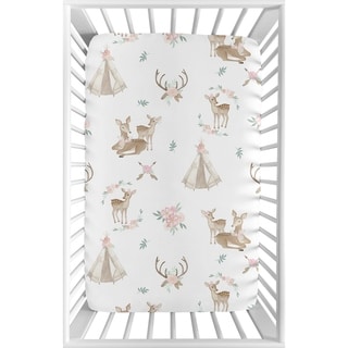 Sweet Jojo Designs Blush Pink, Mint Green and White Boho Woodland Deer Floral Collection Fitted Mini Portable Crib Sheet