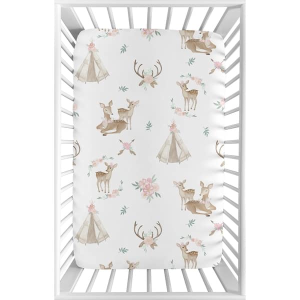 slide 2 of 3, Sweet Jojo Designs Blush Pink, Mint Green and White Boho Woodland Deer Floral Collection Fitted Mini Portable Crib Sheet