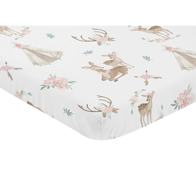 Sweet Jojo Designs Blush Pink, Mint Green and White Boho Woodland Deer Floral Collection Fitted Mini Portable Crib Sheet