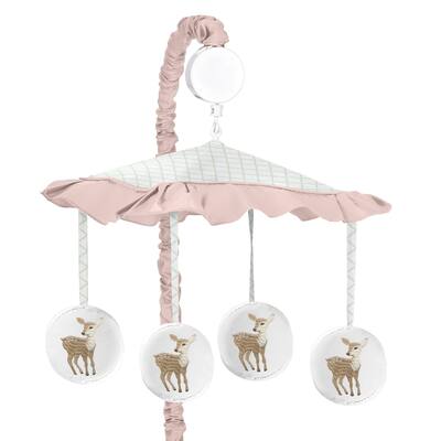 Sweet Jojo Designs Blush Pink, Mint Green and White Boho Woodland Deer Floral Collection Musical Crib Mobile