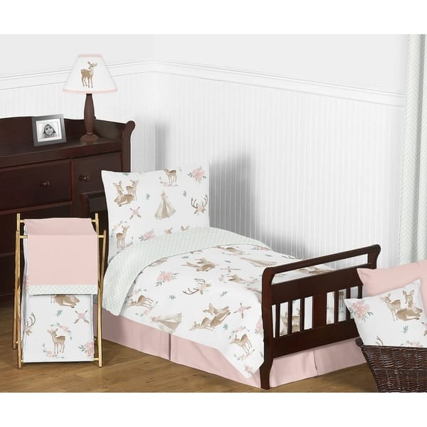 slide 2 of 3, Sweet Jojo Designs Blush Pink Mint Watercolor Woodland Deer Floral Collection Girl 5-piece Toddler-size Comforter Set