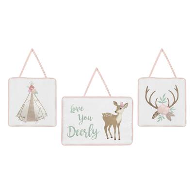 Sweet Jojo Designs Blush Pink, Mint Green and White Boho Woodland Deer Floral Collection Wall Hangings (Set of 3)
