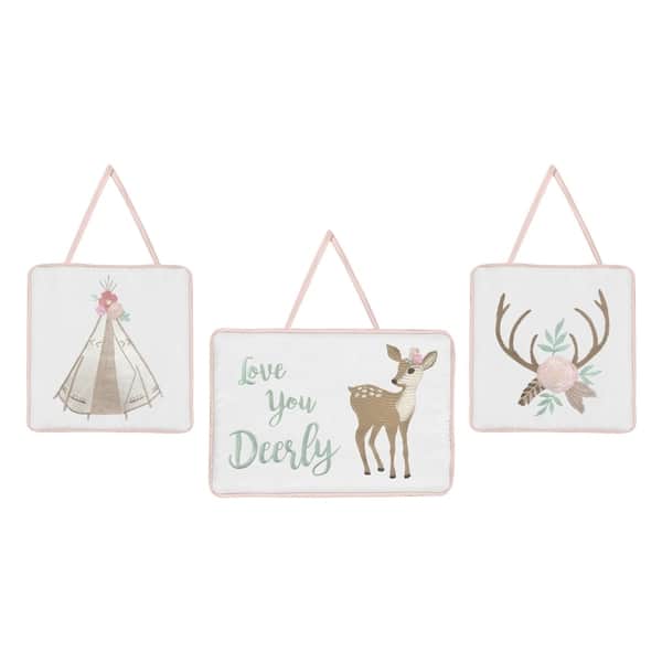 Sweet Jojo Designs Blush Pink Mint Green And White Boho Woodland Deer Floral Collection Wall Hangings Set Of 3 Overstock