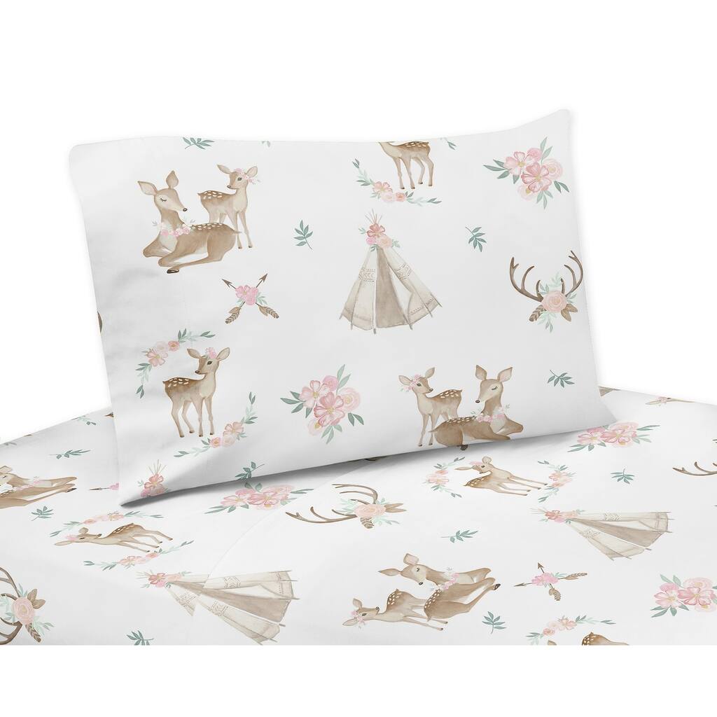 Sweet Jojo Designs Blush Pink, Mint Green and White Boho Woodland Deer Floral Collection 3-piece Twin Sheet Set