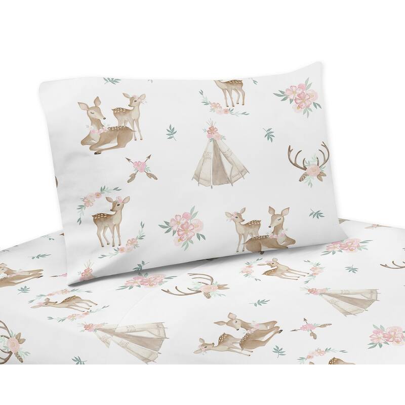 Sweet Jojo Designs Blush Pink, Mint Green and White Boho Woodland Deer Floral Collection 3-piece Twin Sheet Set