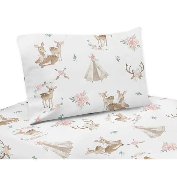 slide 1 of 1, Sweet Jojo Designs Blush Pink, Mint Green and White Boho Woodland Deer Floral Collection 3-piece Twin Sheet Set