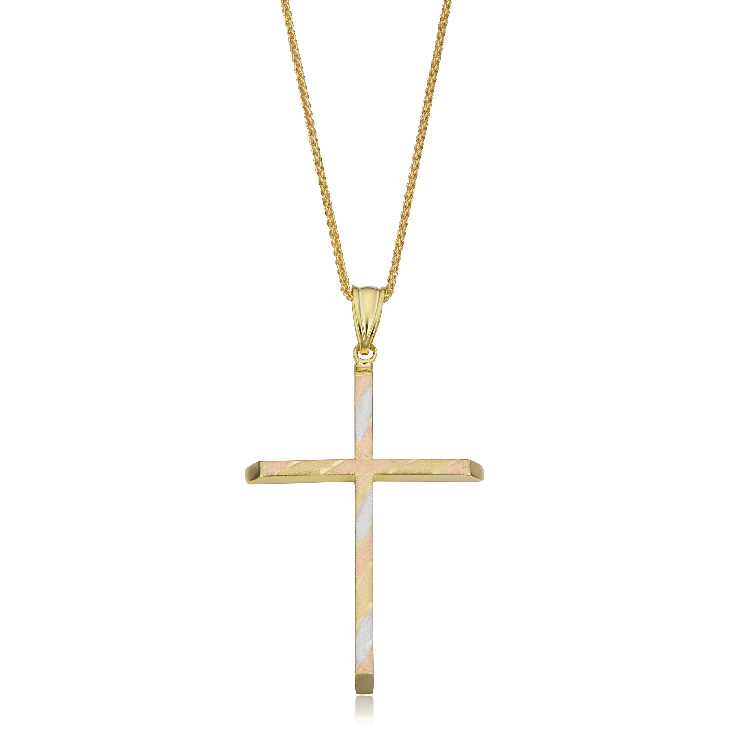 10k or 14k Tricolor Gold Cross Pendant with Complementary Gold Filled Wheat  Chain Necklace (18 inches)