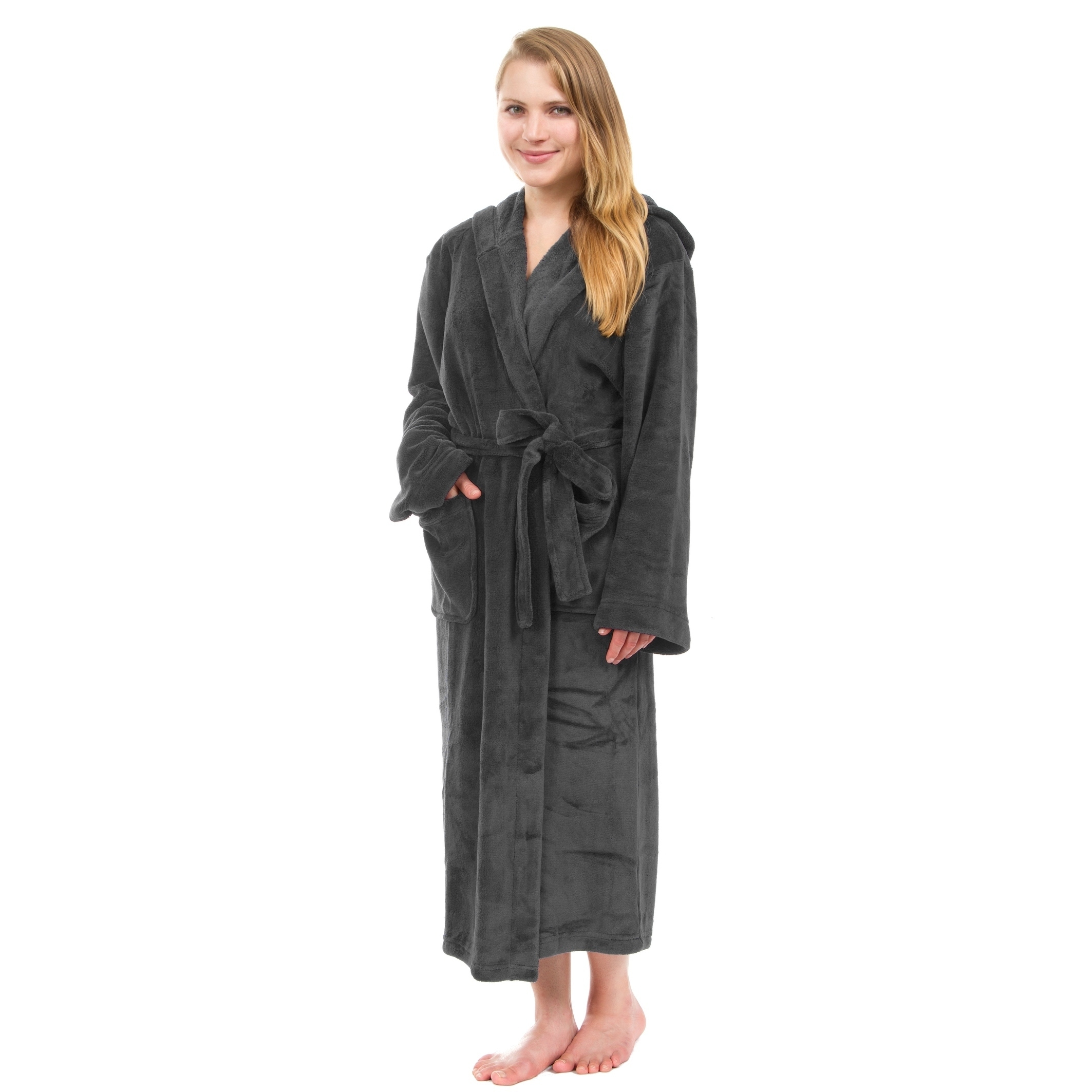 Women's Hooded Plush Robe, Long Fleece Solid Robe