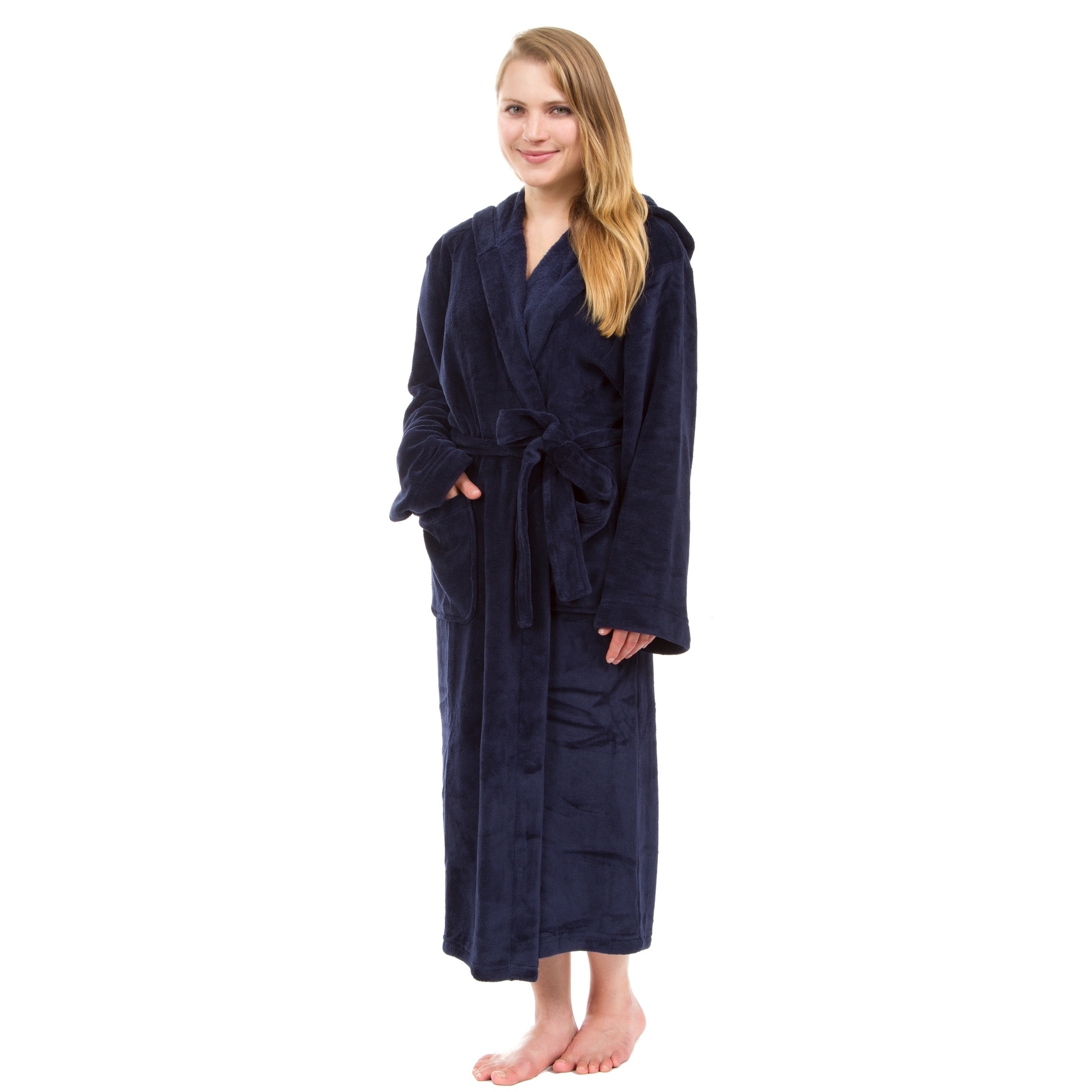 Women's Hooded Plush Robe, Long Fleece Solid Robe - On Sale - Bed