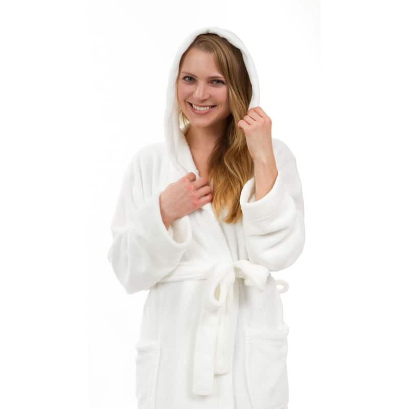 Women's Hooded Plush Robe, Long Fleece Solid Robe - White