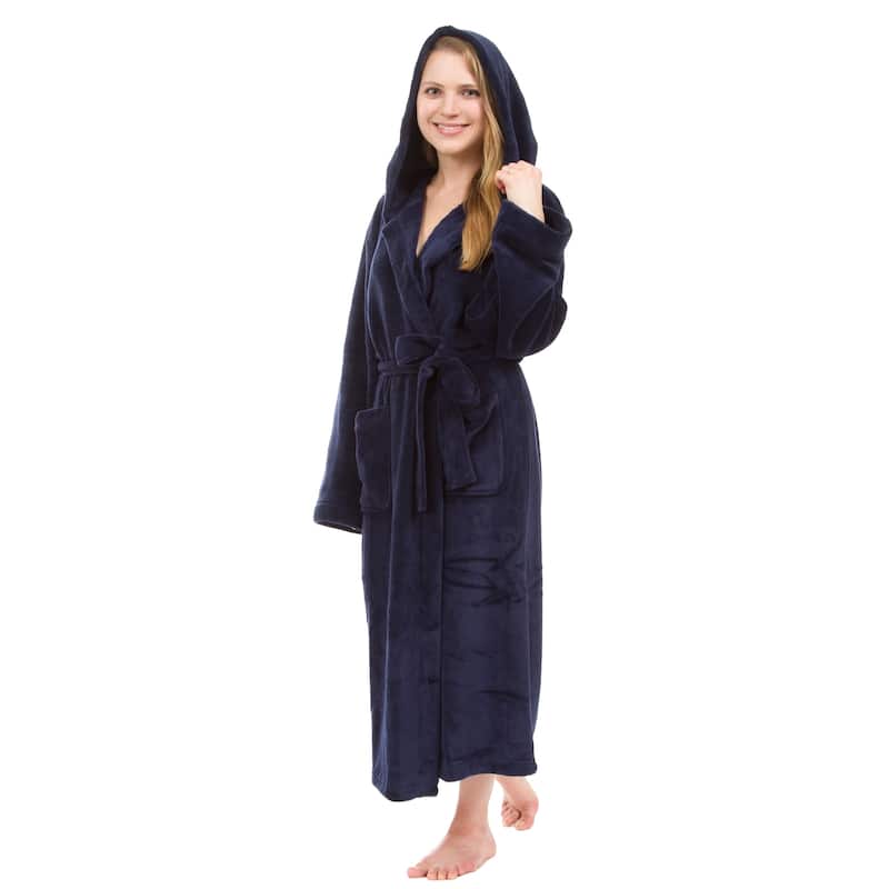 Women's Hooded Plush Robe, Long Fleece Solid Robe