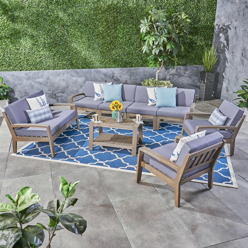 Grenada 8-piece Acacia Wood Sectional Chat Set by Christopher Knight Home - gray finish + dark gray cushion
