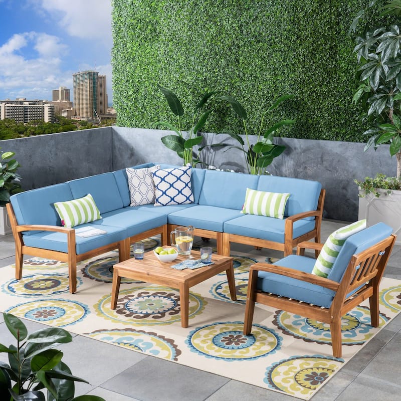 Grenada Outdoor Acacia Sectional Sofa and Table Set by Christopher Knight Home