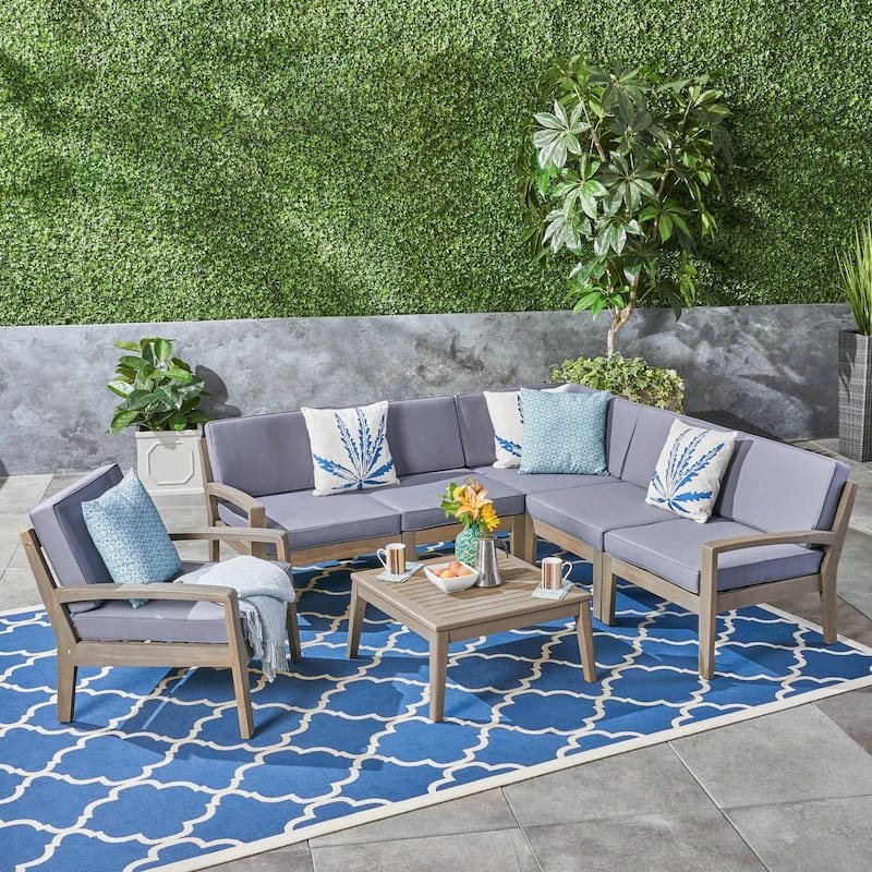 Grenada Outdoor Acacia Sectional Sofa and Table Set by Christopher Knight Home - gray finish + dark gray cushion