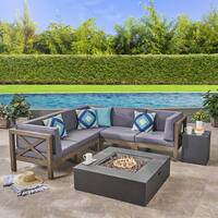 Brava Outdoor 7-Piece Acacia Wood Sectional Sofa Set with Fire Pit by Christopher Knight Home