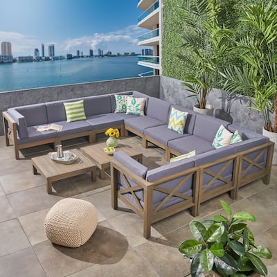 Brava Outdoor 12-Piece Acacia Wood Sectional Sofa Set with Coffee Tables by Christopher Knight Home