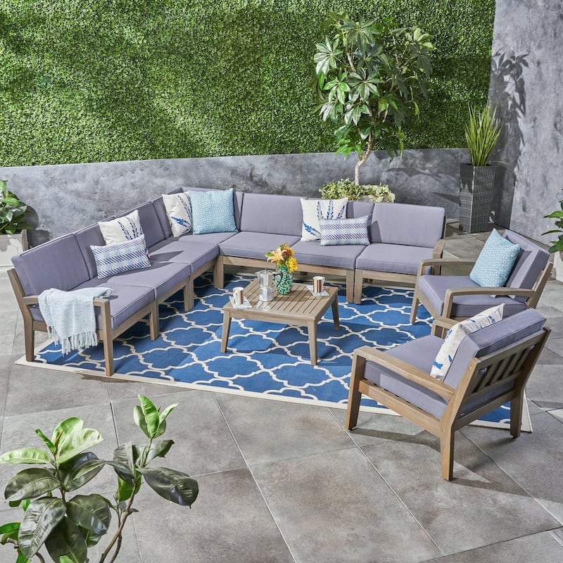 Grenada Outdoor Acacia Wood 9-seater Sectional Sofa Chat Set by Christopher Knight Home - gray finish + dark gray cushion
