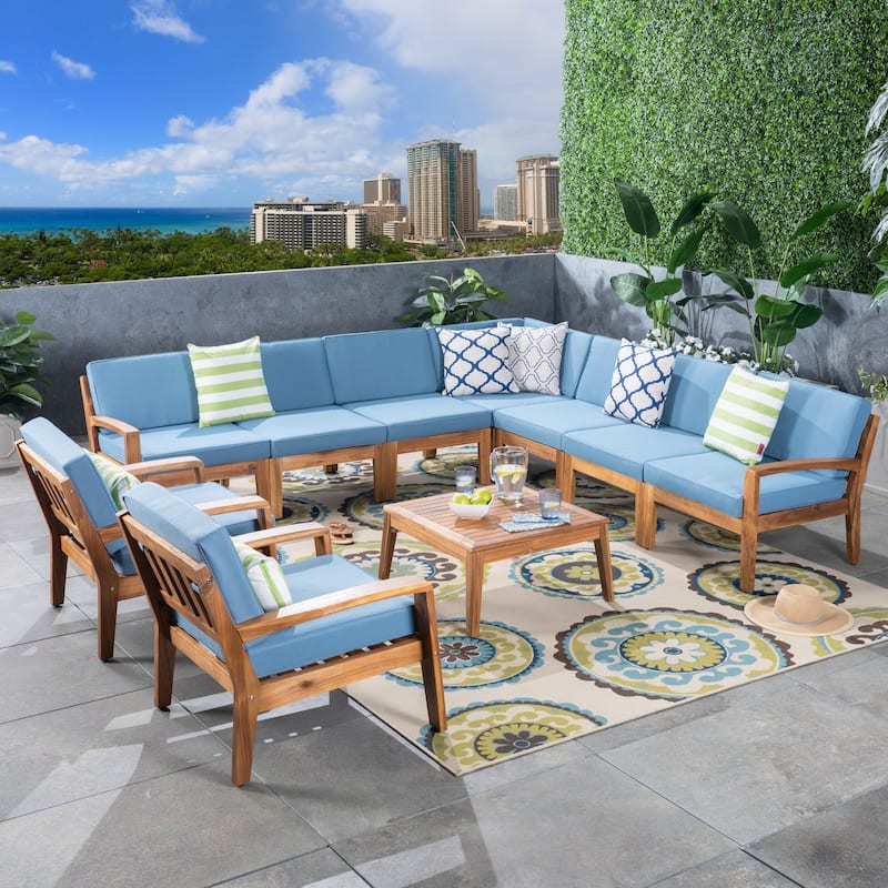 Grenada Outdoor Acacia Wood 9-seater Sectional Sofa Chat Set by Christopher Knight Home