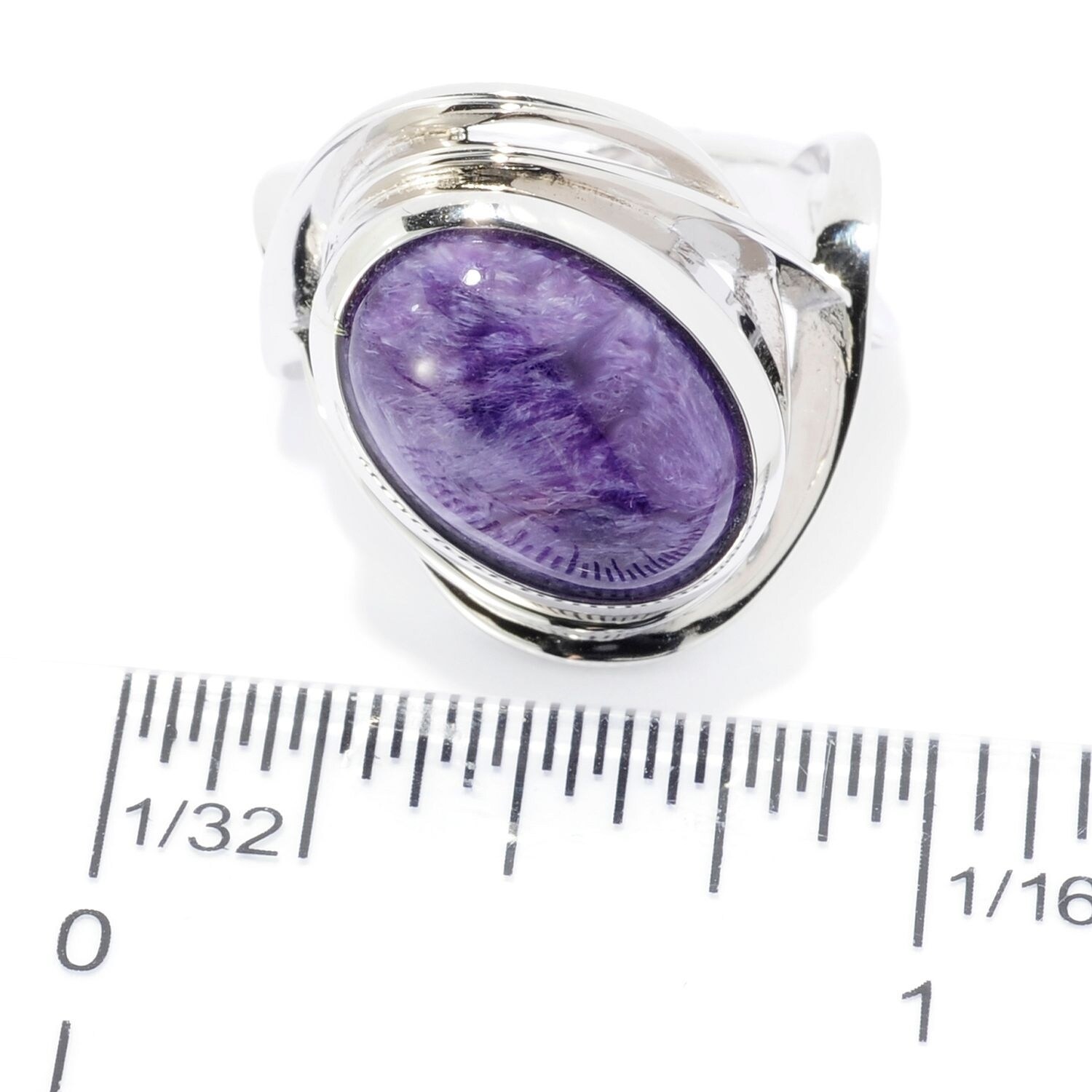Pinctore Sterling Silver 15mm Cushion Shaped Charoite & White Zircon Ring 