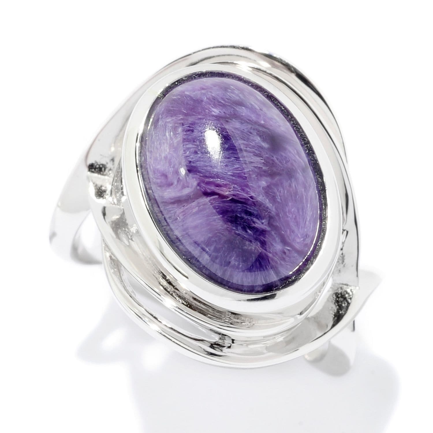 Pinctore Sterling Silver 14 x 10mm Oval Charoite Fancy Shank Ring