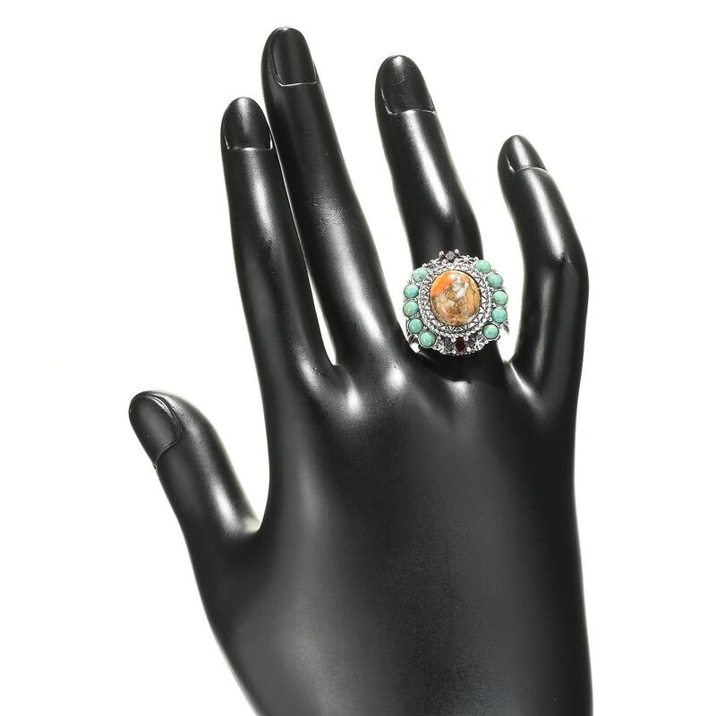 Sterling Silver Orange Spiny Oyster & Gemstone Halo Ring