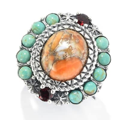 Sterling Silver Orange Spiny Oyster & Gemstone Halo Ring