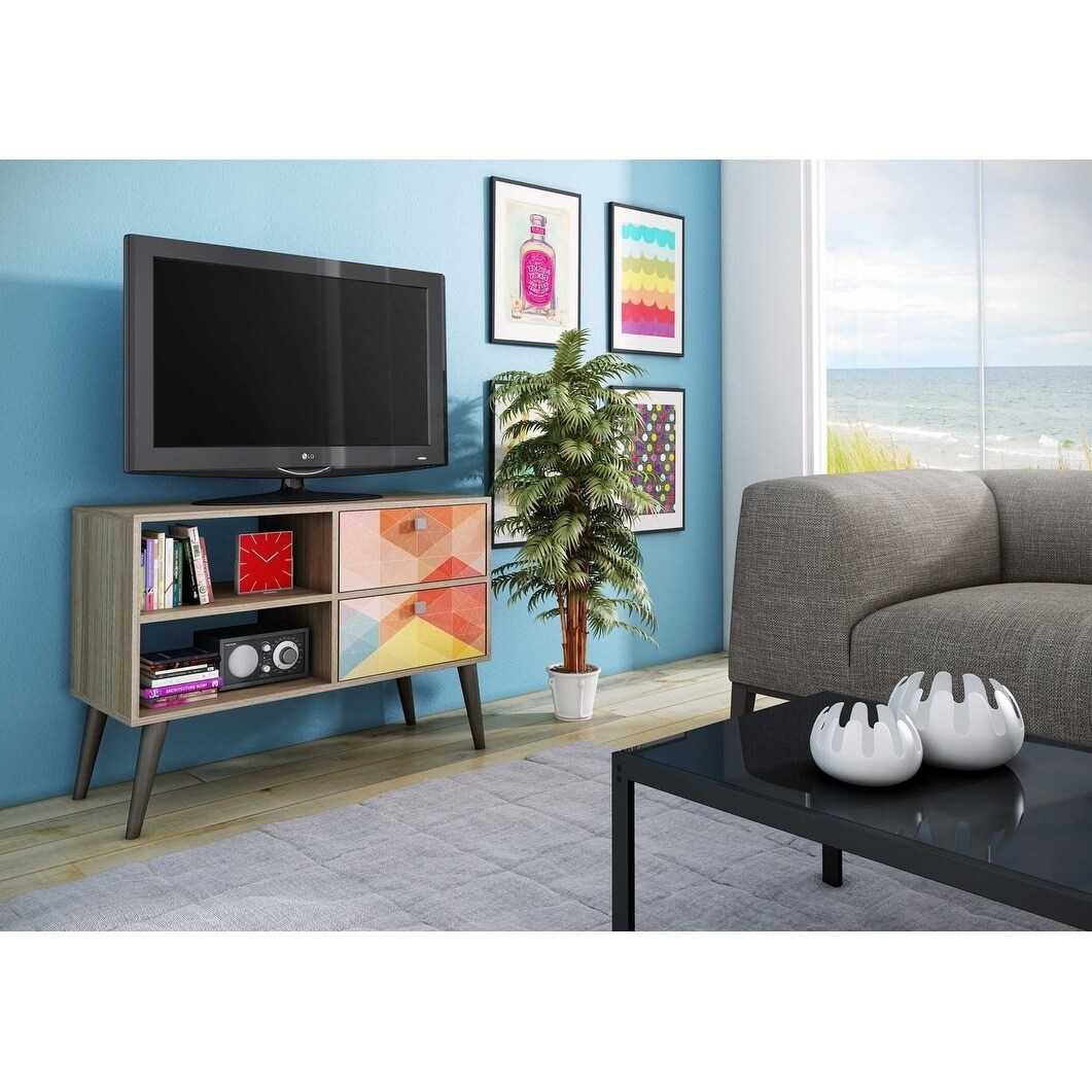 Homeroots Furniture Practical Tv Stand With 2 Open Shelves And 2 Drawers In Oak And Colorful Stamp Door Overstock 24198258