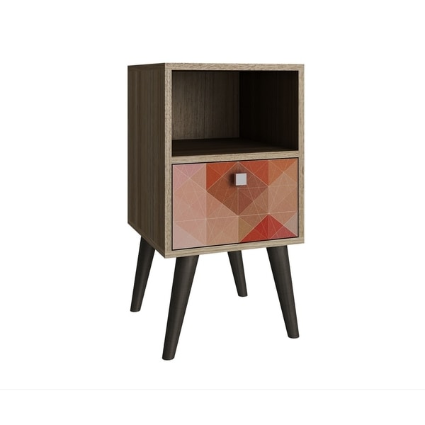 HomeRoots Furniture Side Table with 1 Cubby and 1 Drawer in Oak and Colorful Stamp Door