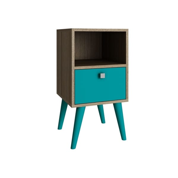HomeRoots Furniture Side Table with 1 Cubby and 1 Drawer in Oak and Aqua
