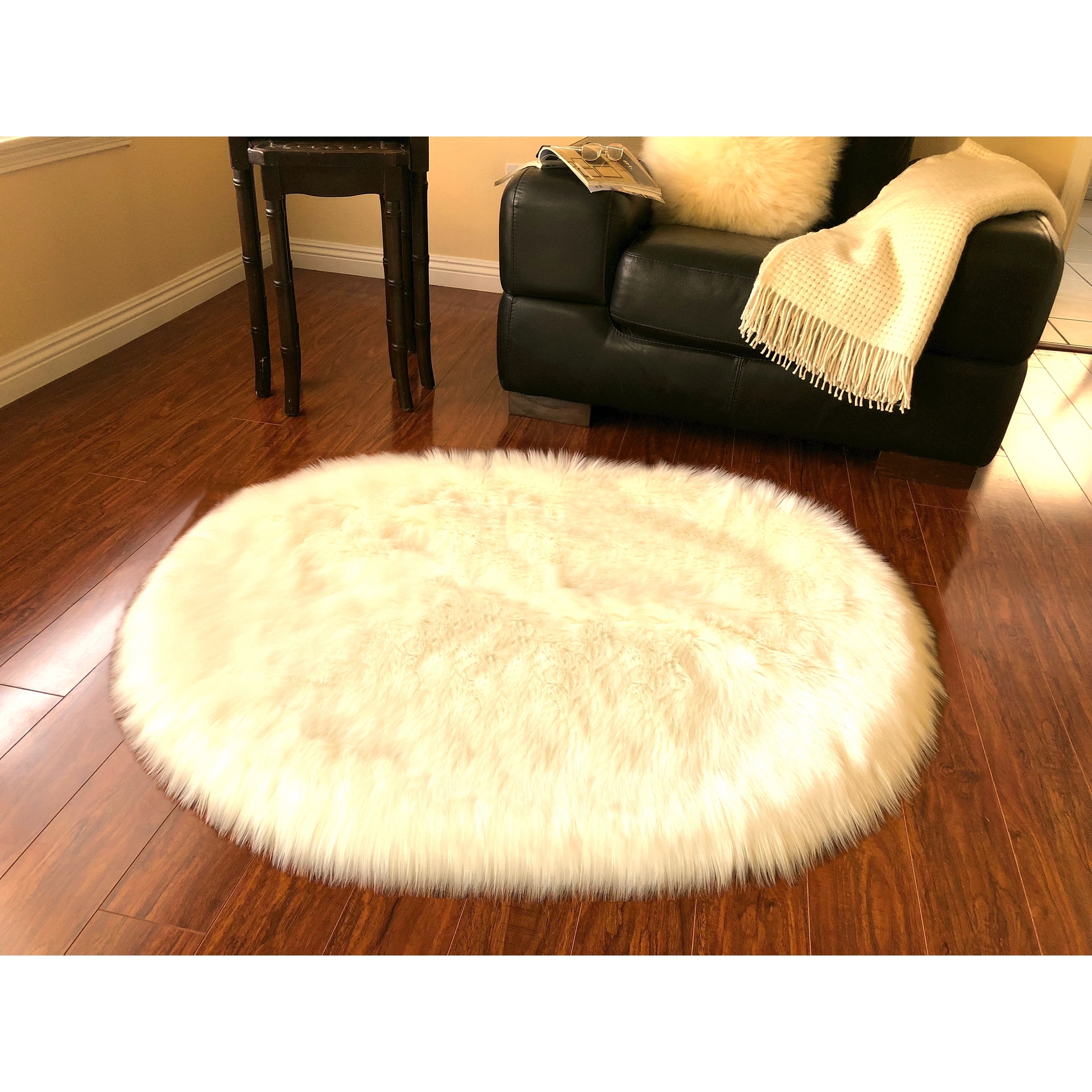 Spectrum Faux Sheepskin Oval Shape Cream Area Rug 4 Oval Shape Cream Area Rug
