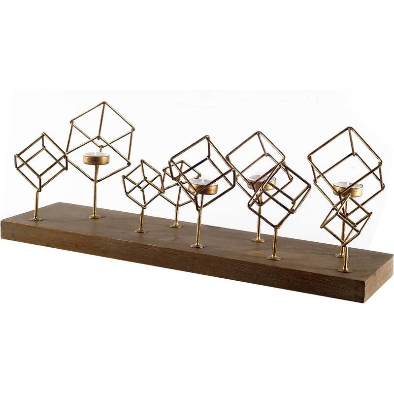 Salvador II Wood Base Brass Cube Tea Light Table Candle Holder