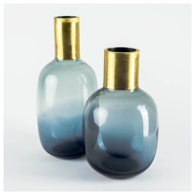 Parksville II Tall Blue Glass Brass Top Vase - 7"L x 7"W x 15.8"H