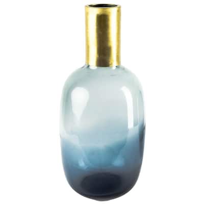 Parksville II Tall Blue Glass Brass Top Vase - 7"L x 7"W x 15.8"H