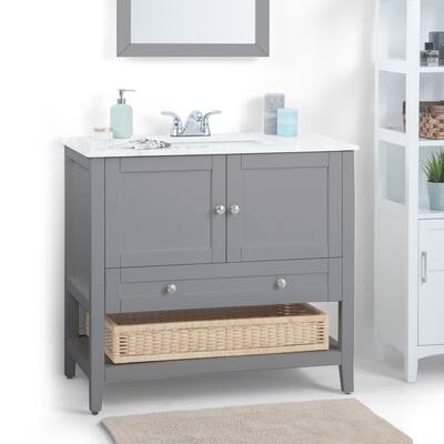 WYNDENHALL Belmont 36 inch Contemporary Bath Vanity in Warm Grey with White Engineered Marble Extra Thick Top