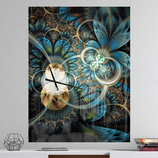 Designart 'Symmetrical Blue Gold Fractal Flower' Oversized Modern Wall CLock