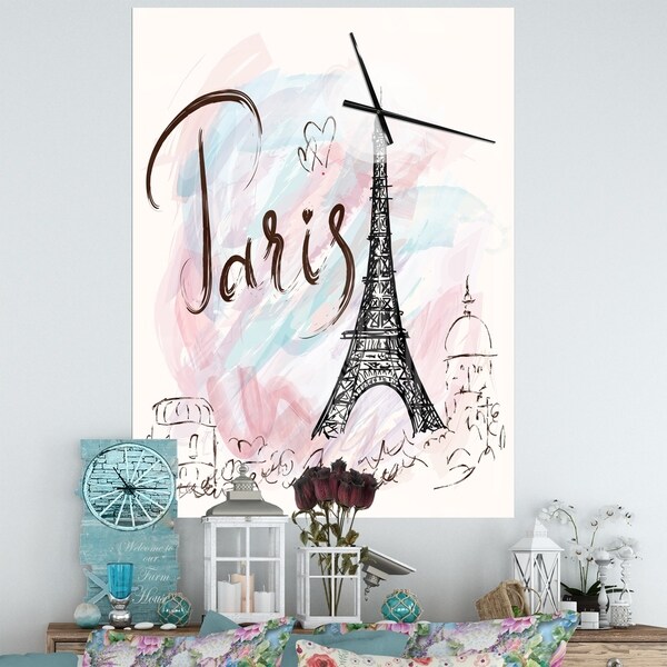 Designart 'Illustration with Paris Eiffel Tower' Oversized French Country Wall CLock