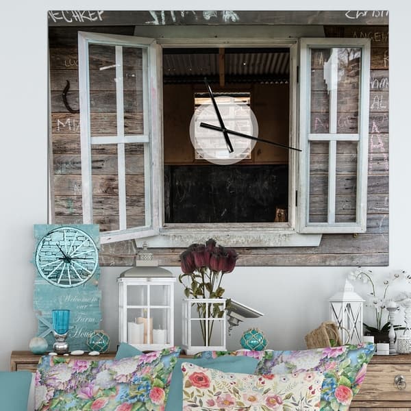 Designart Wooden Walls And Windows Oversized Farmhouse Wall Clock Overstock 24203895 40 In Wide X 30 In High