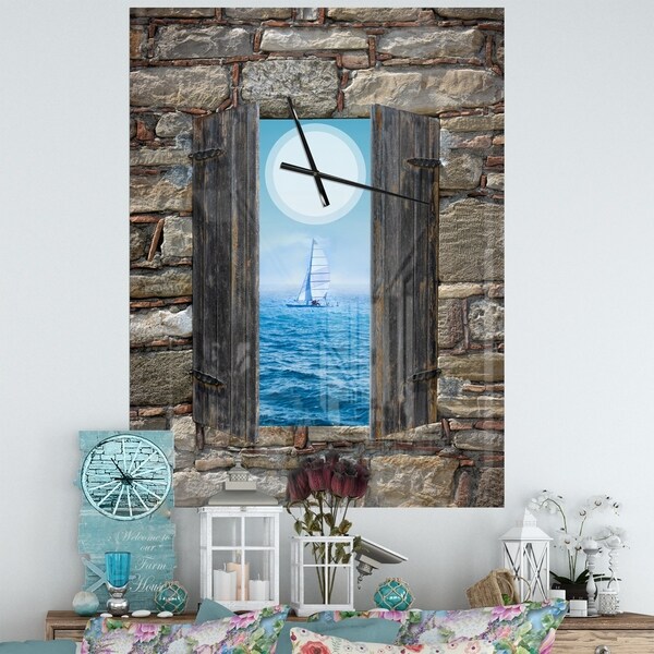 Designart 'Window Open To Sailing Boat' Oversized Coastal Wall CLock