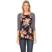 Women's Lightweight Striped Sleeve Floral Pattern Tunic Shirt