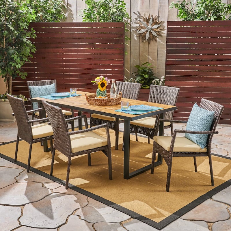 Powell Outdoor 6-Seater Rectangular Acacia Wood and Wicker Dining Set by Christopher Knight Home - Teak Finish + Black + Brown + Cream Cushion
