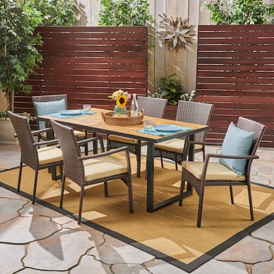 Powell Outdoor 6-Seater Rectangular Acacia Wood and Wicker Dining Set by Christopher Knight Home