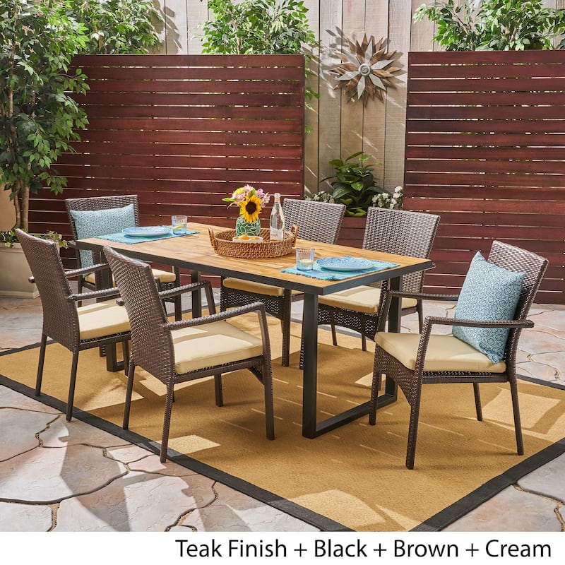 Powell Outdoor 6-Seater Rectangular Acacia Wood and Wicker Dining Set by Christopher Knight Home