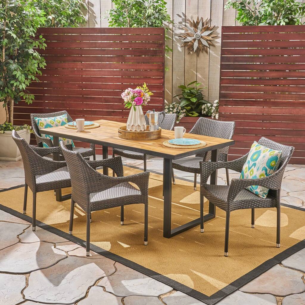 Welch Outdoor 6-Seater Rectangular Acacia Wood and Wicker Dining Set by Christopher Knight Home