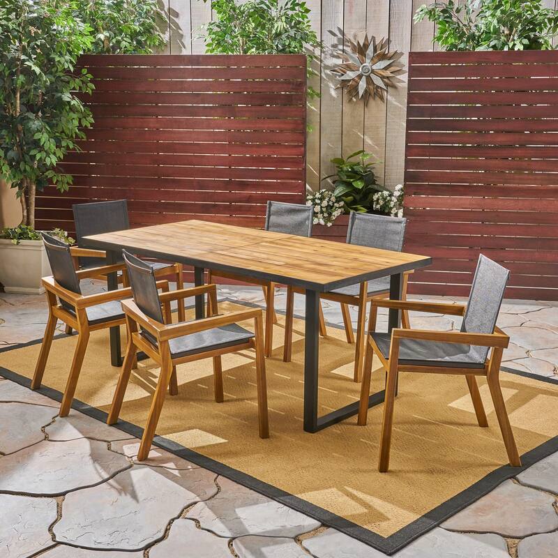 Castano Outdoor Acacia Wood 7 Piece Dining Set with Mesh Seats by Christopher Knight Home - teak finish + black