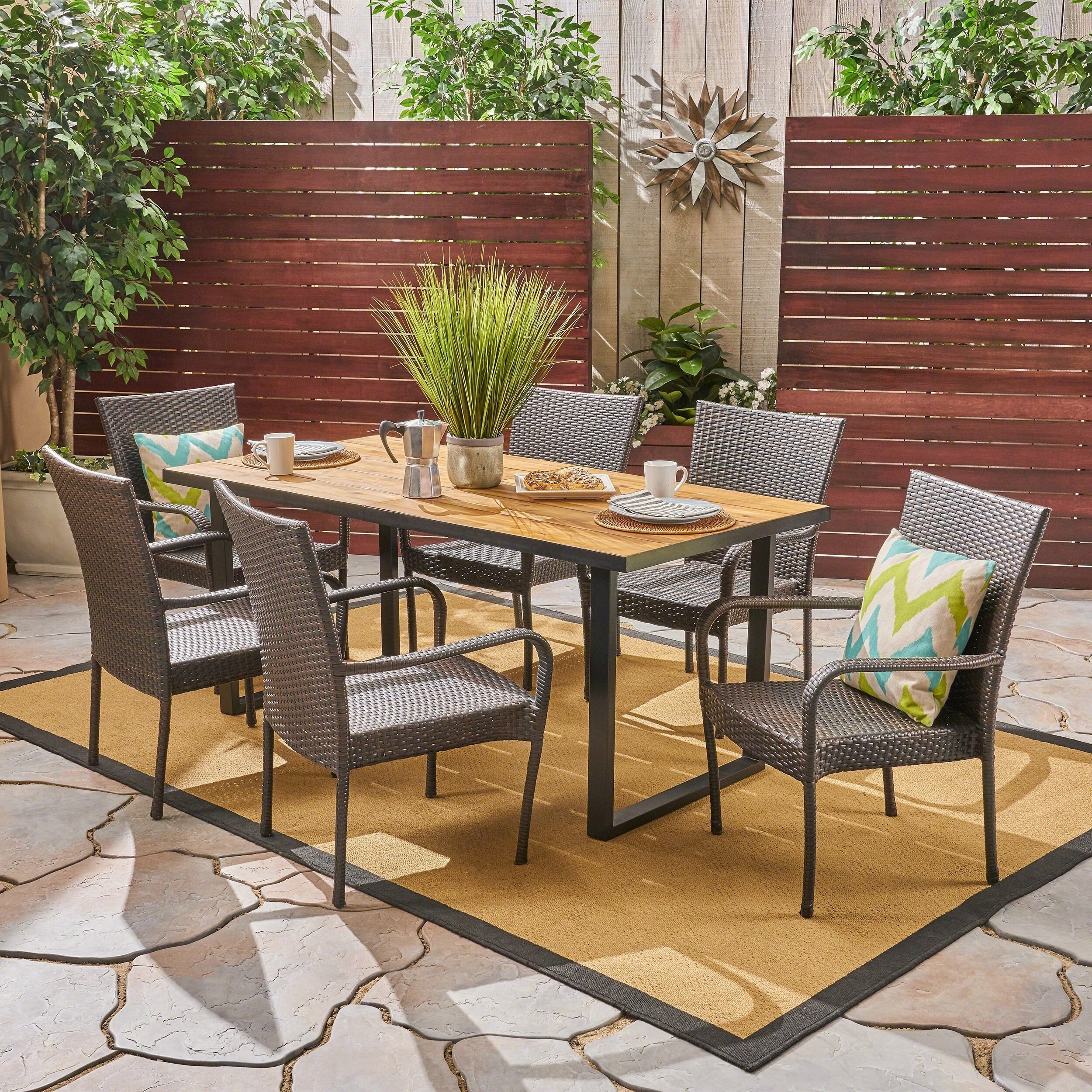 Banner Outdoor 6-Seater Rectangular Acacia Wood and Wicker Dining Set ...