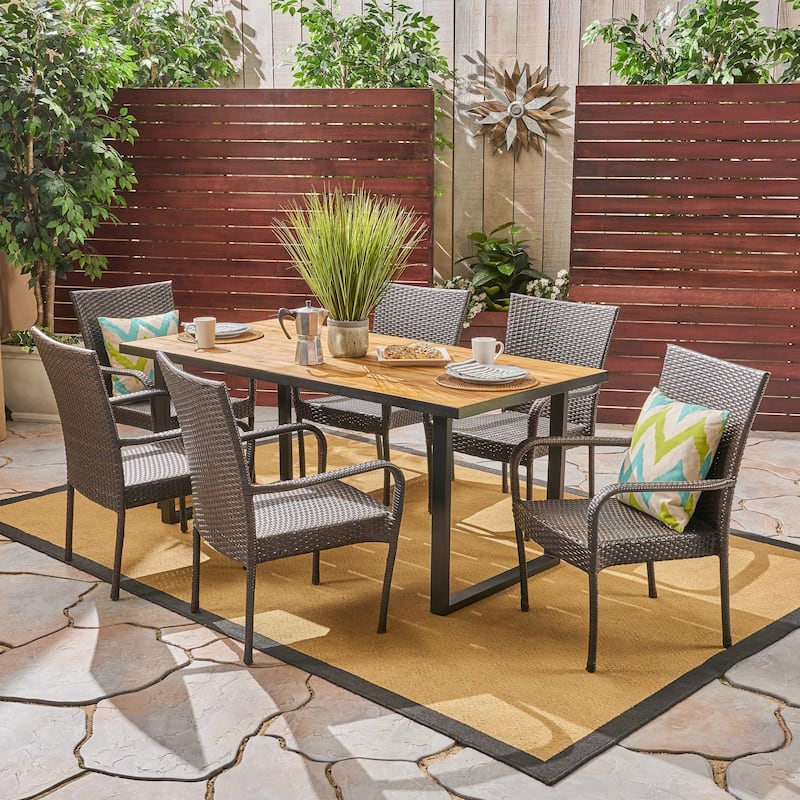 Banner Outdoor 6-Seater Rectangular Acacia Wood and Wicker Dining Set by Christopher Knight Home - teak finish + black + multi brown