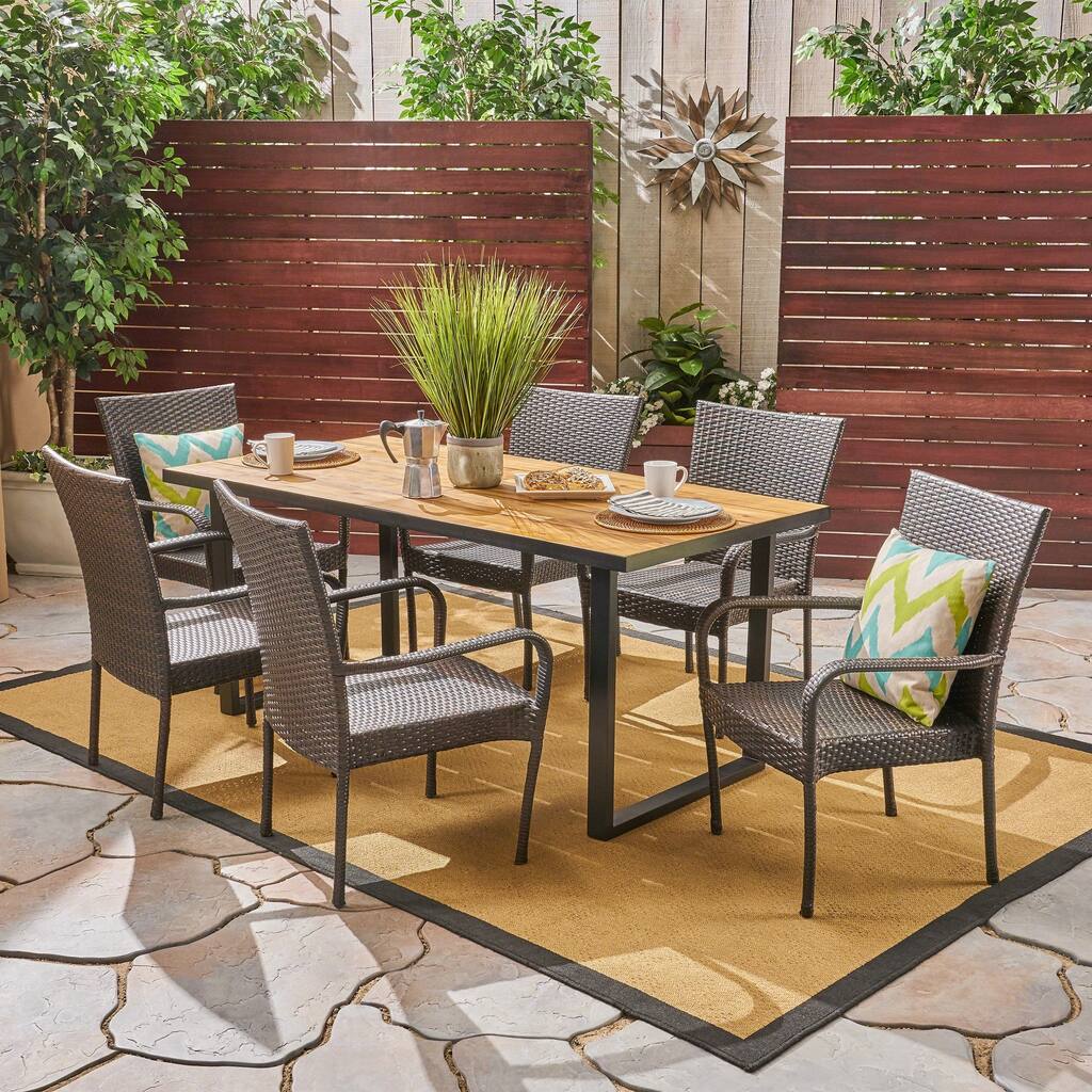 Banner Outdoor 6-Seater Rectangular Acacia Wood and Wicker Dining Set by Christopher Knight Home