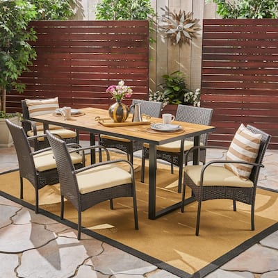 Heron Outdoor 6-Seater Rectangular Acacia Wood and Wicker Dining Set by Christopher Knight Home