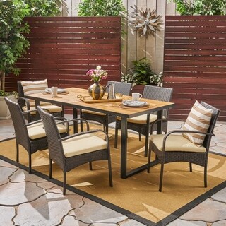 Heron Outdoor 6-Seater Rectangular Acacia Wood and Wicker Dining Set by Christopher Knight Home