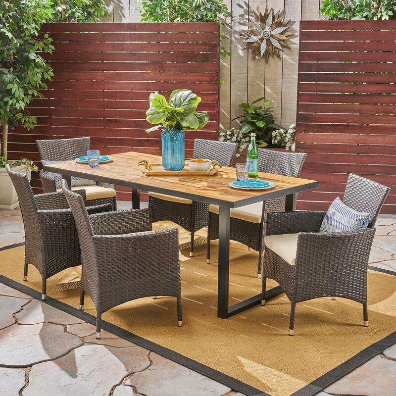 Hartland Outdoor 6-Seater Rectangular Acacia Wood and Wicker Dining Set by Christopher Knight Home - Teak Finish + Black + Multi Brown + Beige Cushion